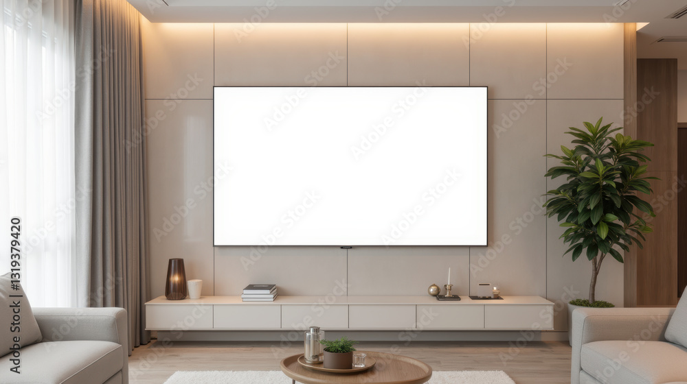 Modern living room with large blank TV screen, stylish furniture, and indoor plant Modern living room with large blank TV screen, stylish furniture, and indoor plant