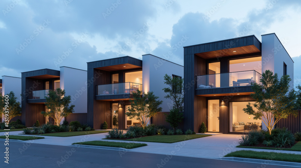 Modern houses with large windows and balconies, surrounded by greenery, create serene atmosphere Modern houses with large windows and balconies, surrounded by greenery, create serene atmosphere