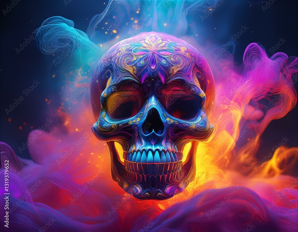 Generated image A surreal Día de Muertos-inspired design featuring a glowing skull surrounded by swirling Generated image A surreal Día de Muertos-inspired design featuring a glowing skull surrounded by swirling