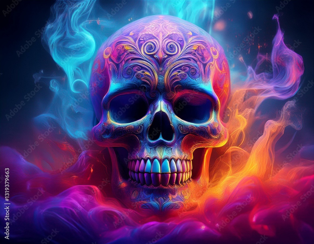 Generated image A surreal Día de Muertos-inspired design featuring a glowing skull surrounded by swirling Generated image A surreal Día de Muertos-inspired design featuring a glowing skull surrounded by swirling
