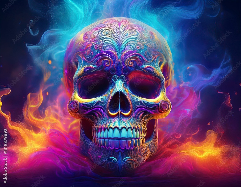 Generated image A surreal Día de Muertos-inspired design featuring a glowing skull surrounded by swirling