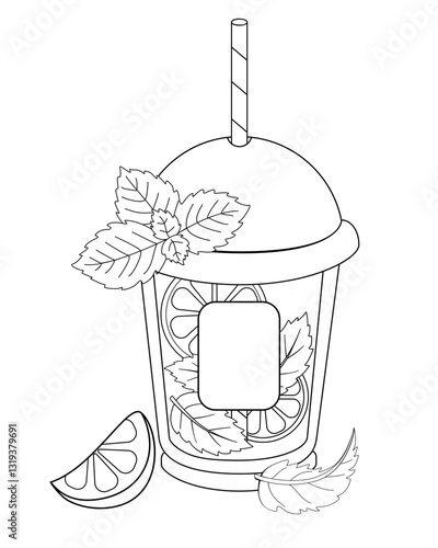 Drink Mohito in a glass with a lid and a drinking straw with copy space. A glass decorated with mint leaves and a slice of lemon. Lemon, lime and mint in a glass with mojito. Vector picture for colori