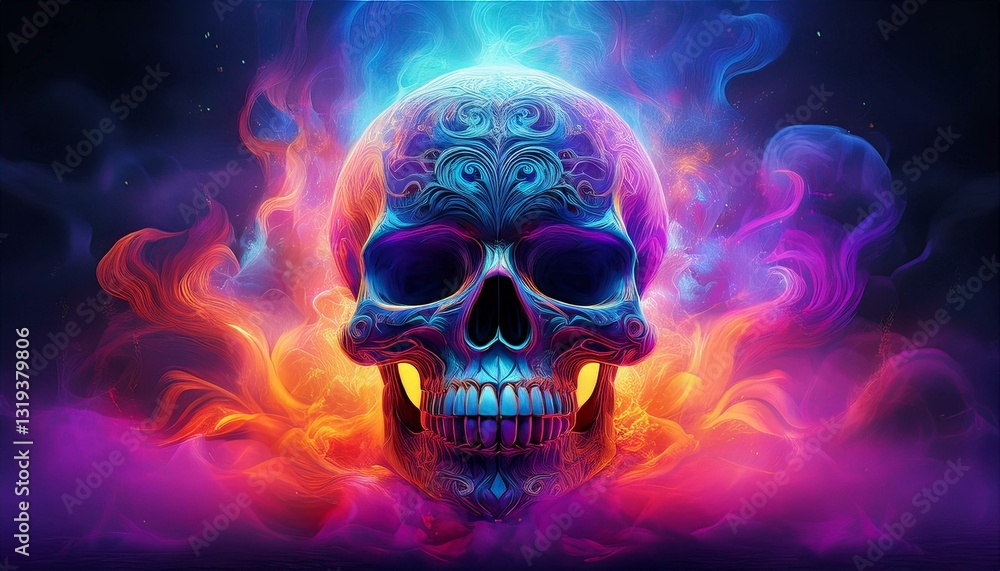 Generated image A surreal Día de Muertos-inspired design featuring a glowing skull surrounded by swirling Generated image A surreal Día de Muertos-inspired design featuring a glowing skull surrounded by swirling