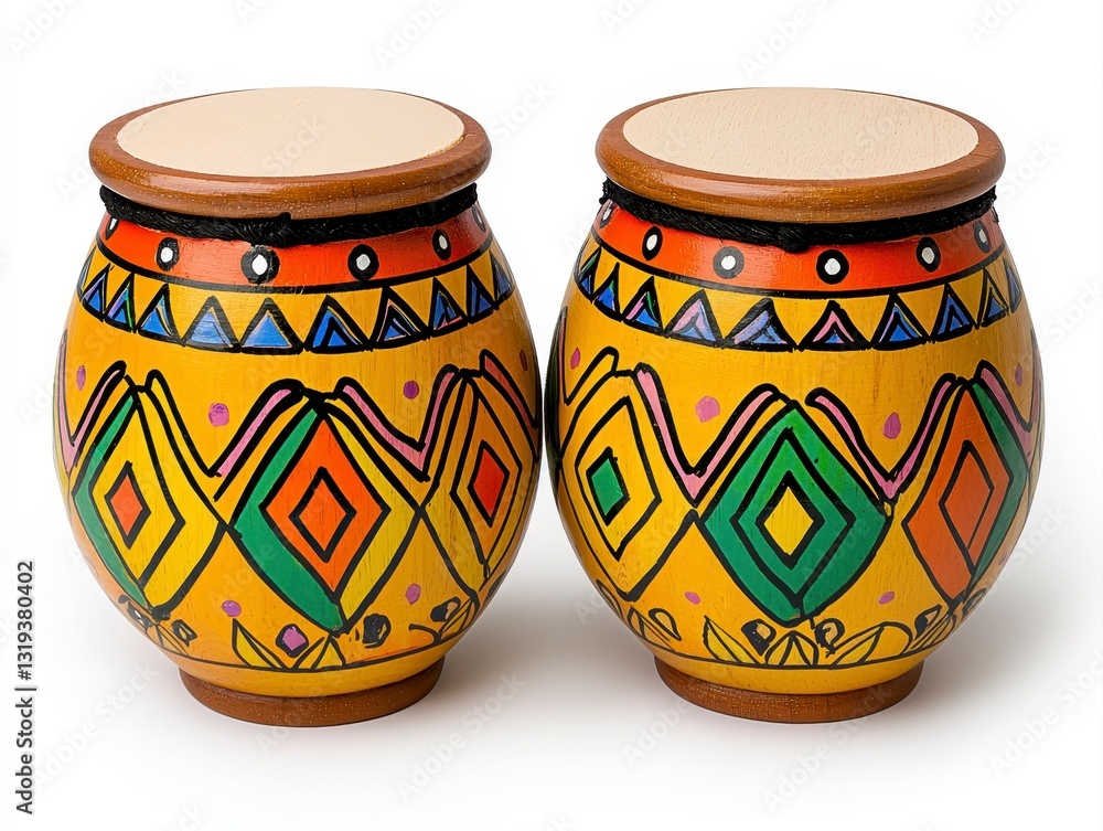 Vibrant and colorfully painted pottery pair featuring unique designs on a bright white background for decoration Vibrant and colorfully painted pottery pair featuring unique designs on a bright white background for decoration