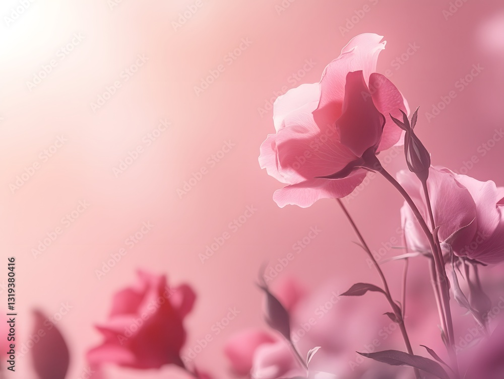 Obraz premium Rose Elegance in Pink Hues: Delicate pink roses bloom gracefully, bathed in soft light, conveying beauty, serenity, and the tender touch of nature's artistry. 