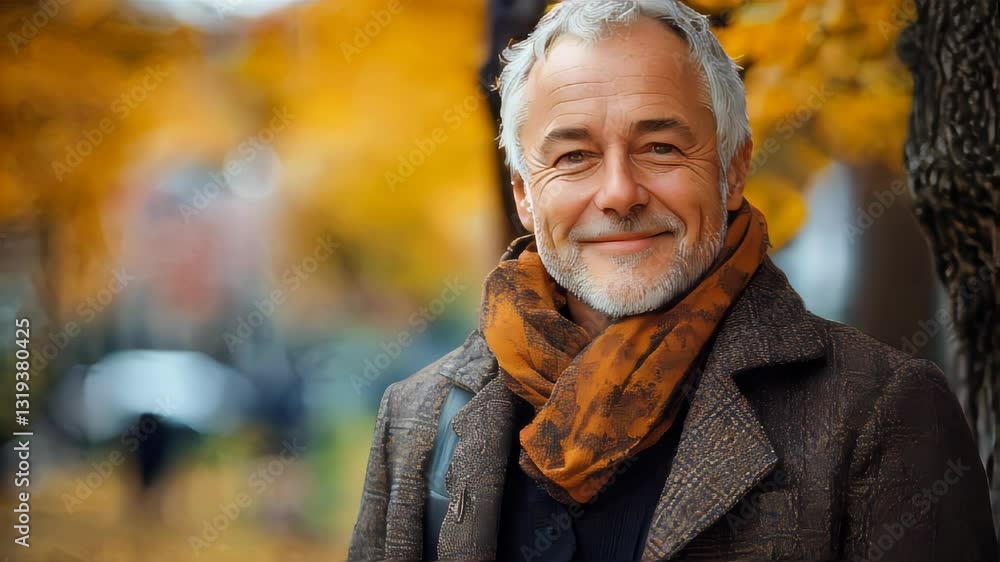Smiling senior man wearing a stylish coat and scarf, standing outdoors in autumn with golden leaves in the background Smiling senior man wearing a stylish coat and scarf, standing outdoors in autumn with golden leaves in the background