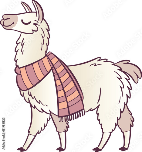 llama, adorned with a colorful scarf, exudes warmth and cheer, strolling through an imagined winter scene with a touch of whimsical flair