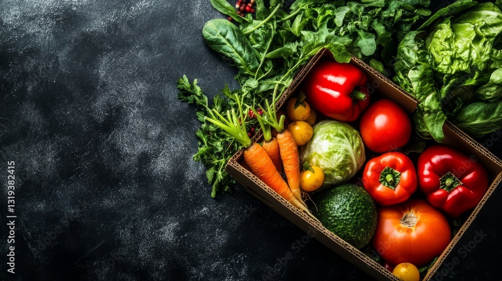 Fresh organic vegetables in a wooden box on a dark rustic background – healthy food concept with assorted farm-fresh produce including tomatoes, peppers, lettuce, carrots, and herbs for a nutritious a Fresh organic vegetables in a wooden box on a dark rustic background – healthy food concept with assorted farm-fresh produce including tomatoes, peppers, lettuce, carrots, and herbs for a nutritious a