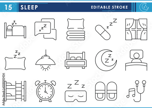 A set of line icons related to Sleep. Rest, bed, pillow, window, alarm, music, relax, and so on. Vector editable stroke.