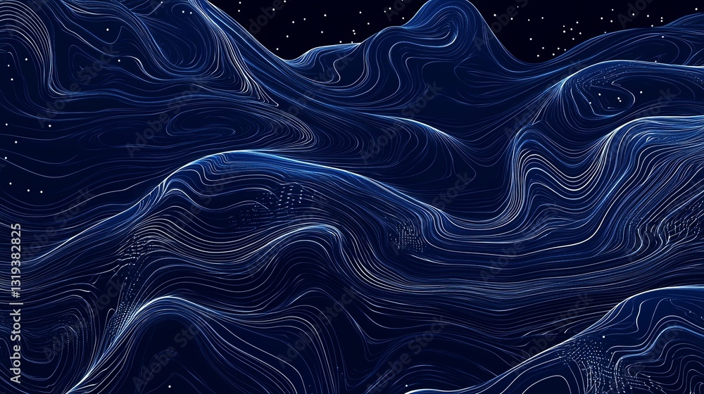 A digital abstract concept with swirling lines and a circuit pattern, symbolizing technology on a dark blue background 3D Rendering