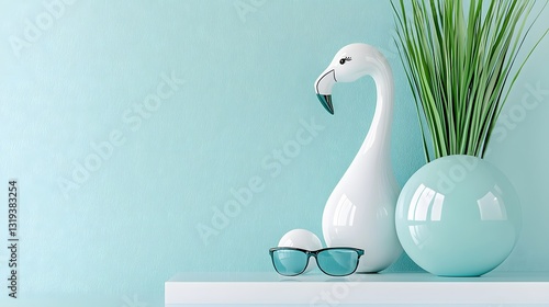 Contemporary Interior Decor Featuring White Swan Ornament and Green Plant in Mint Room