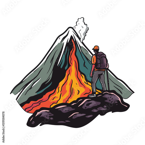 Hiker Observing Erupting Volcano