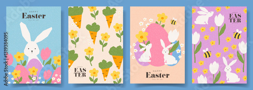 Collection of Easter cards. Creative Easter vector cards with hand drawn bunny, eggs, spring flowers, carrots, cute bee. Set of holiday posters for design of party, branding, cover, card, sale, event.