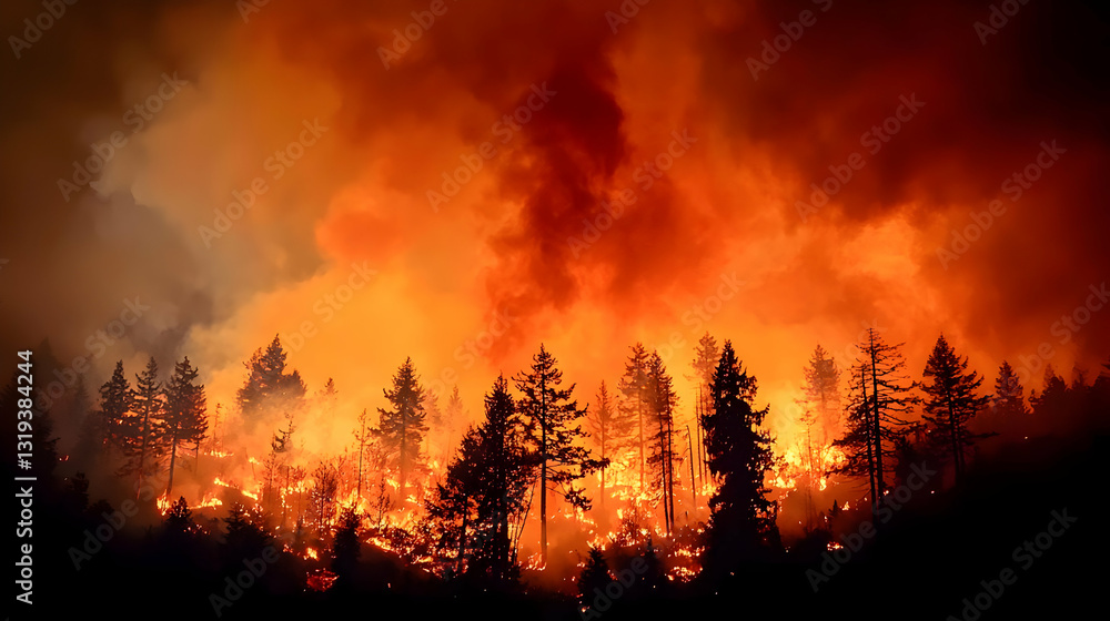 Intense Orange Wildfire Engulfing Silhouetted Trees in a Forest at Night Intense Orange Wildfire Engulfing Silhouetted Trees in a Forest at Night