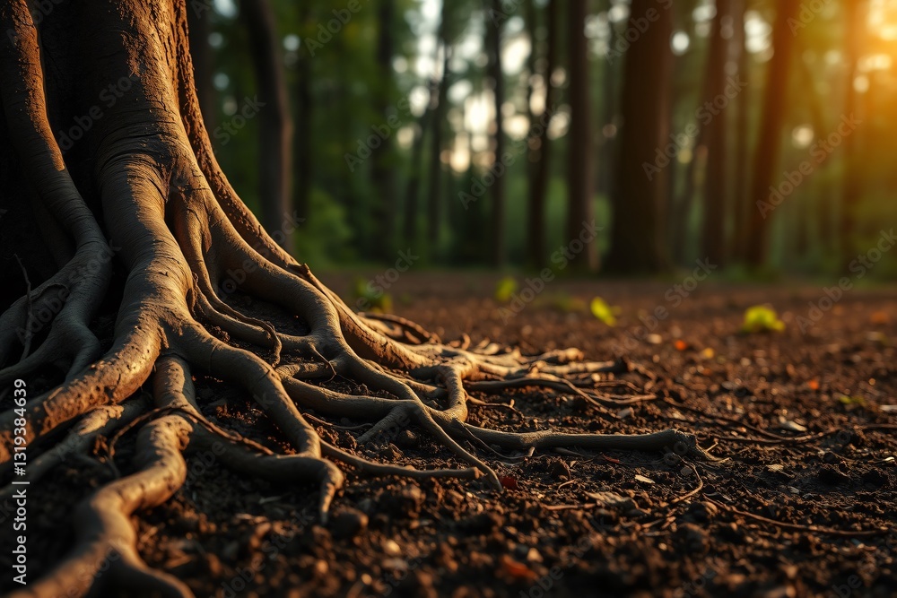 Fototapeta premium Close-Up of Tree Roots in a Forest at Sunset
