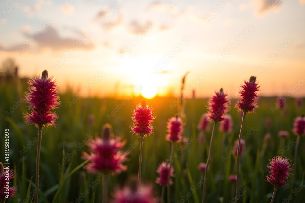 Obraz premium Vibrant Wildflowers in a Field at Sunset with Golden Light
