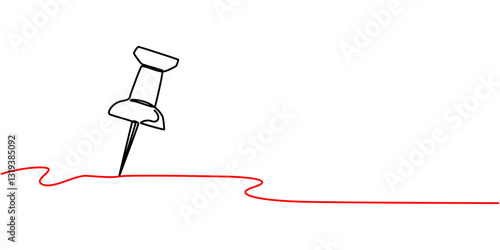 Continuous one line drawing of a paper pin. Drawing pin. Vector illustration. Single line pushpin, Continuous line drawing Red push pin Thumbtack icon neon glow vector illustration concept, Red pin.