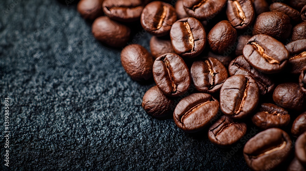 Naklejka premium Detailed Shot of Roasted Coffee Beans on Clean Black Background