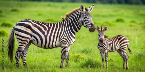 Striped Equines in Verdant Meadow A Mother Zebra and Her Young Fawn Gracefully Stand Together in a Lush Green Field, Displaying Their Striking Black and White Stripes Against the Vibrant Background.