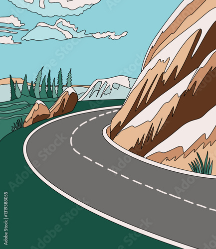 Mountain and Empty Road with Snow on Mountains and Vibrant Blue Sky Background. Travel in Nature Landscape Illustration with Pine Trees and Clouds