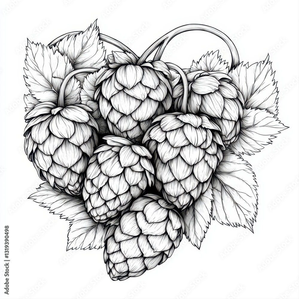 Fototapeta premium Detailed Black And White Hop Cones Illustration