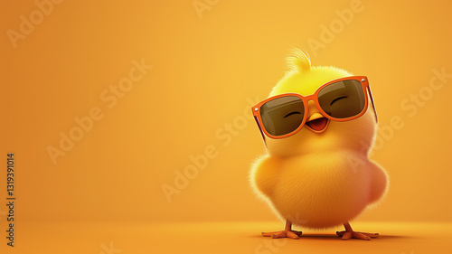 Fototapeta Naklejka Na Ścianę i Meble -  Cool yellow chicken with red sunglasses on orange background.  Easter chicken egg banner card invitation greeting poster web illustration. Spring minimalism. AI image.