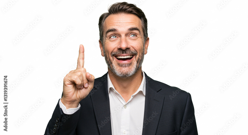Happy Businessman Pointing Upward on White Background Happy Businessman Pointing Upward on White Background
