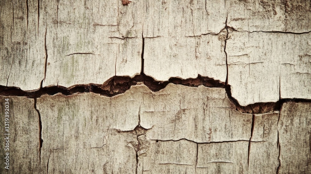 Obraz premium The rough wooden surface showcases a network of cracks and crevices, filled with earthy tones and textures. Sunlight gently highlights the details, evoking a sense of history and resilience