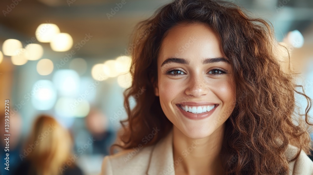 A smiling woman with soft curls wearing professional attire sits in an inviting office space, exuding positivity and confidence, perfect for corporate or personal branding uses. A smiling woman with soft curls wearing professional attire sits in an inviting office space, exuding positivity and confidence, perfect for corporate or personal branding uses.