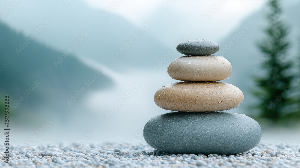 Stacked stones; tranquil, balanced composition with misty mountain backdrop Stacked stones; tranquil, balanced composition with misty mountain backdrop