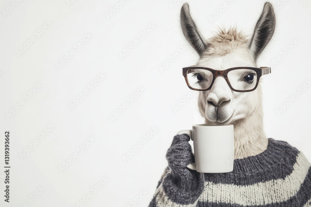 Fototapeta premium Hipster llama enjoys coffee in stylish knitted sweater and glasses