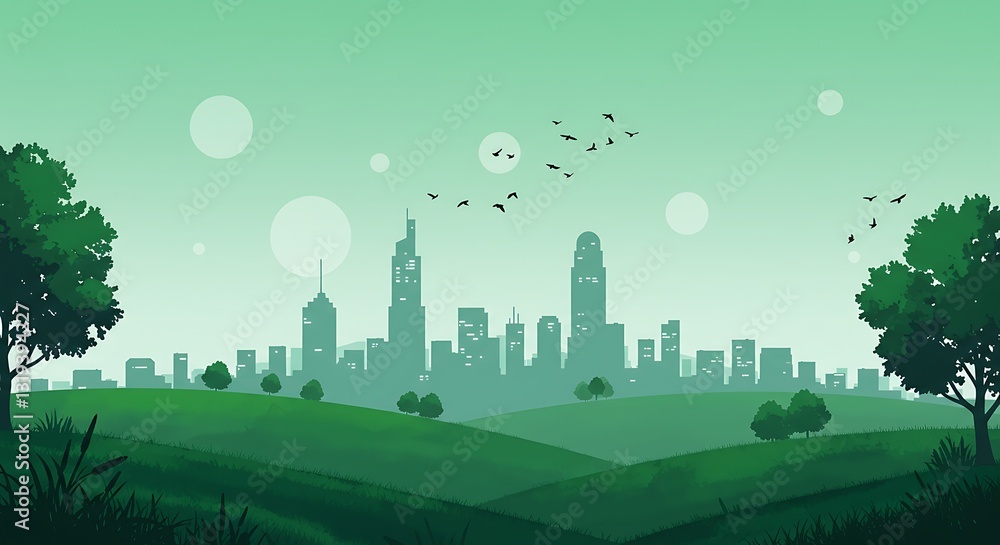 Fototapeta premium Stylized cityscape silhouette on rolling hills - nature harmony and urban life - background for website