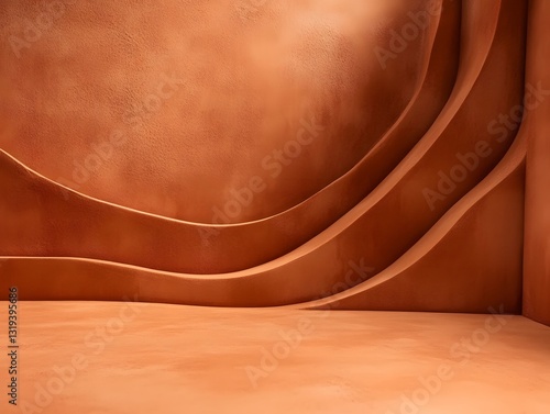 Earthy Studio with Wavy Design: A minimalist studio with a warm, inviting atmosphere. The smooth, curved lines on the walls create a sense of flow and elegance.