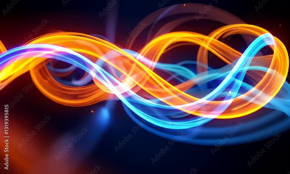 Vibrant Abstract Background of Flowing Curved Lines in Blue and Orange with Glowing Light Effects on Dark Backdrop Vibrant Abstract Background of Flowing Curved Lines in Blue and Orange with Glowing Light Effects on Dark Backdrop