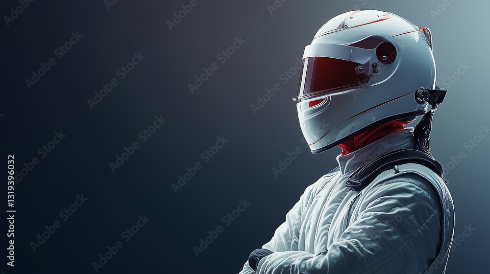 Naklejka premium racing driver wearing white helmet and white racing suits, standing in a black background, racer concept championship