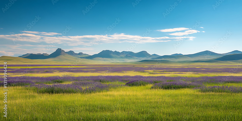 Vast Lavender Field Stretching Towards a Distant Mountain for Romantic Scenes, Perfume Advertising, or Travel Promotions Vast Lavender Field Stretching Towards a Distant Mountain for Romantic Scenes, Perfume Advertising, or Travel Promotions