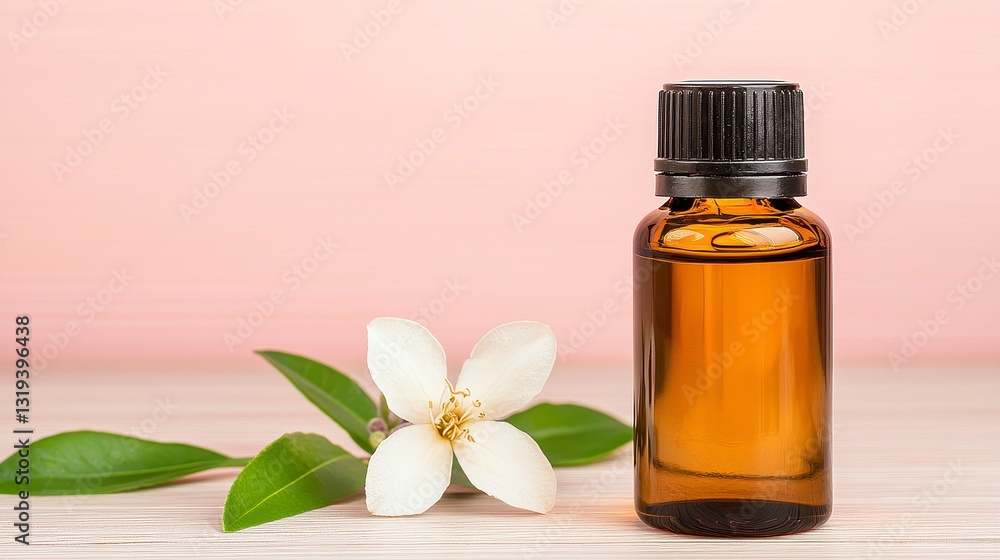 A serene bottle of jasmine essential oil displayed with a beautiful flower on a rustic wooden surface inviting relaxation A serene bottle of jasmine essential oil displayed with a beautiful flower on a rustic wooden surface inviting relaxation