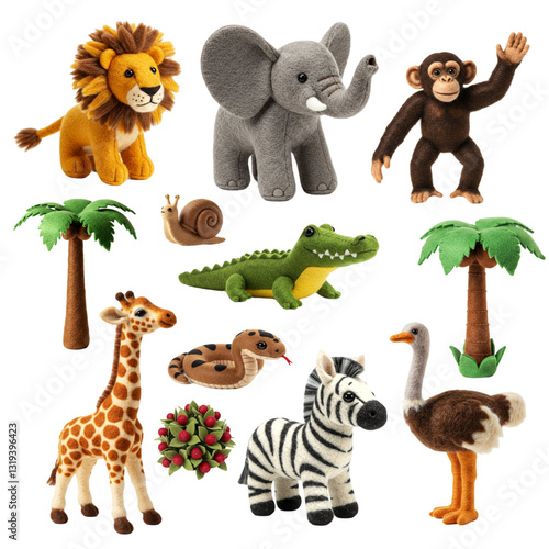 A collection of adorable felt safari animal toys, including a lion, elephant, monkey, zebra, giraffe, crocodile, ostrich, and snake, along with palm trees and a snail, on a white background.