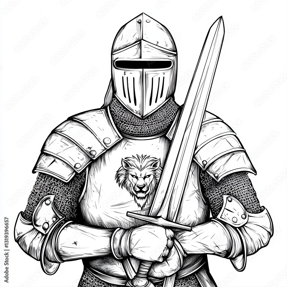 Fototapeta premium Medieval Knight in Full Armor Holding a Sword, Lion Emblem on Chest, Black and White Line Art Illustration
