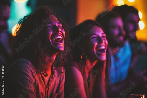 A group of friends laughing at a comedy club