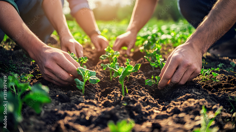 Hands gently placing a seedling into rich garden soil, nurturing new life Hands gently placing a seedling into rich garden soil, nurturing new life