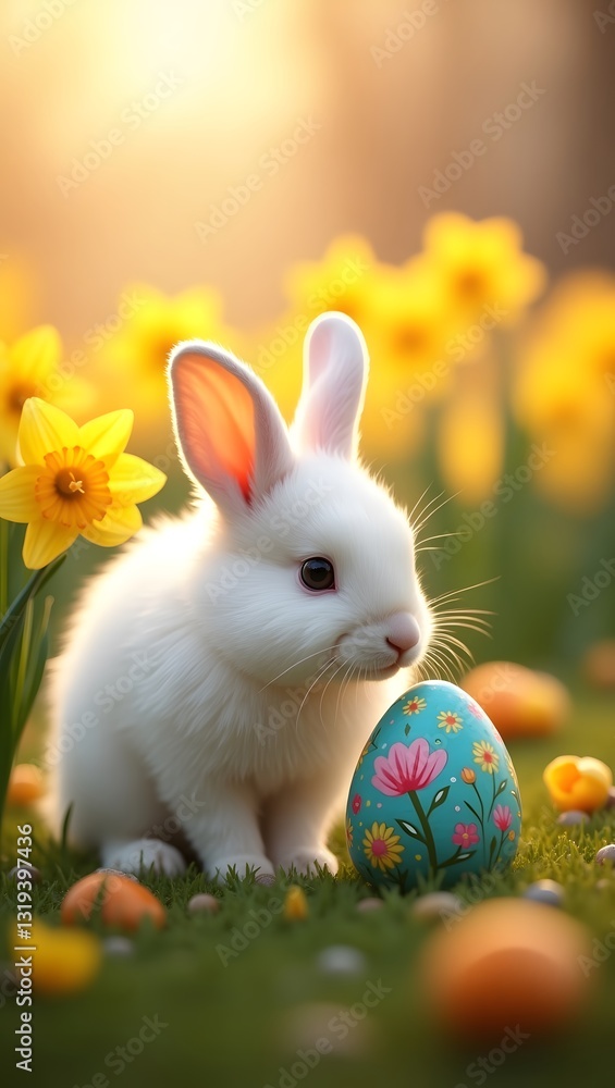 A cute white bunny sitting next to a colorful Easter egg with floral decorations, set amidst a field of daffodils and Easter treats, capturing the joyful spirit of Easter and spring. A cute white bunny sitting next to a colorful Easter egg with floral decorations, set amidst a field of daffodils and Easter treats, capturing the joyful spirit of Easter and spring.