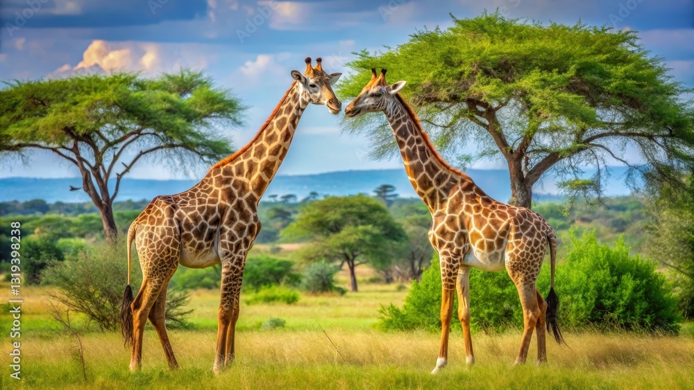 Obraz premium A Pair of Giraffes Gracefully Interacting in a Serene African Savanna Landscape Under a Canopy of Lush Greenery