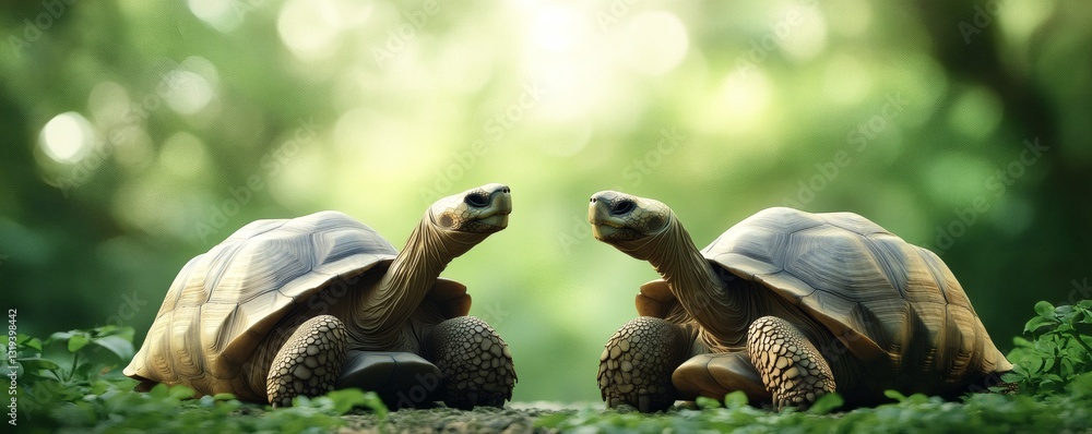 Naklejka premium Two turtles facing each other in a lush green outdoor environment