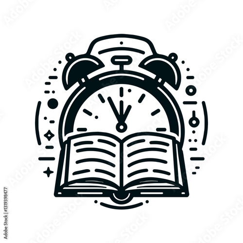 Time management for reading illustration featuring alarm clock and open book with decorative elements and copy space