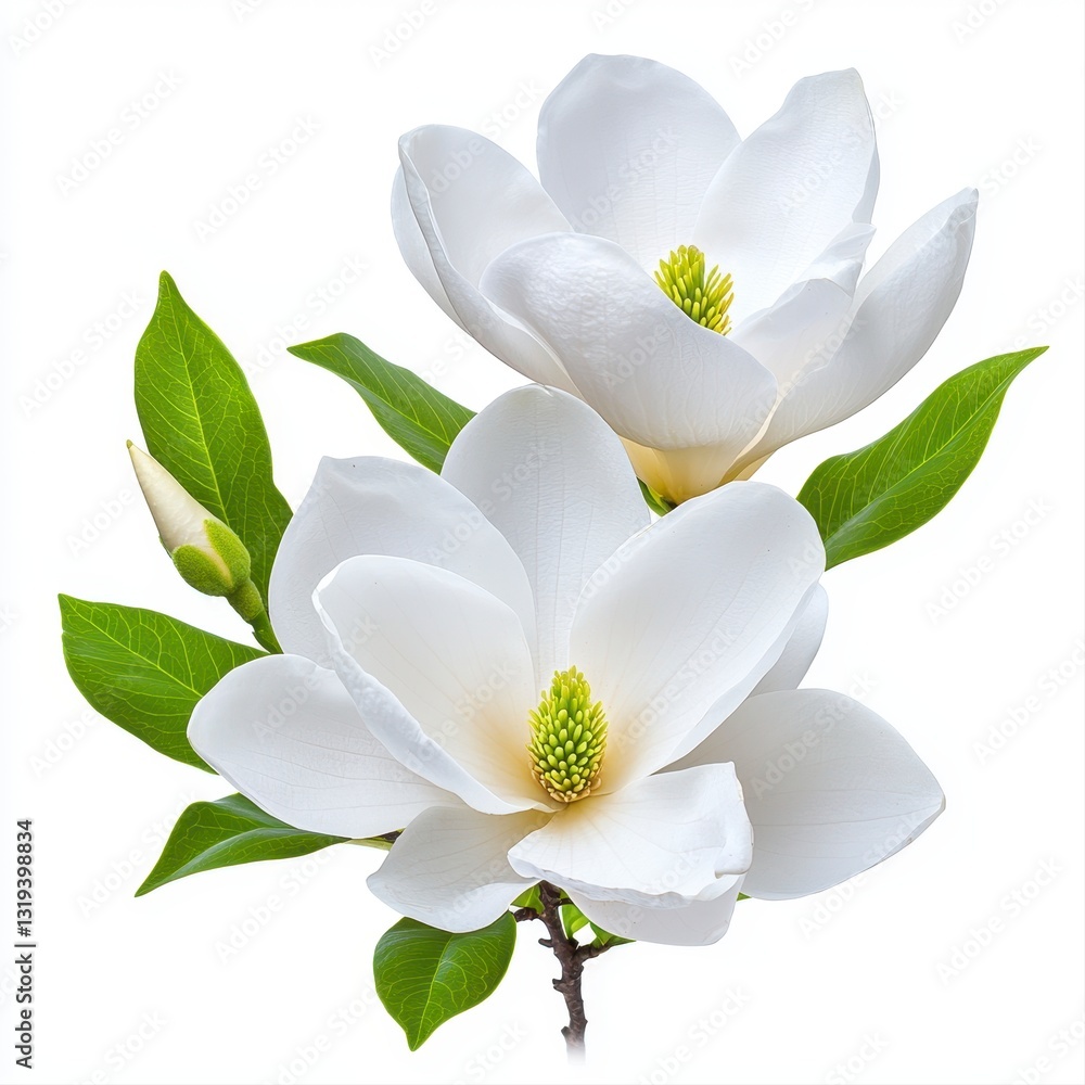 Obraz premium Two White Magnolia Blossoms with Green Leaves on White Background