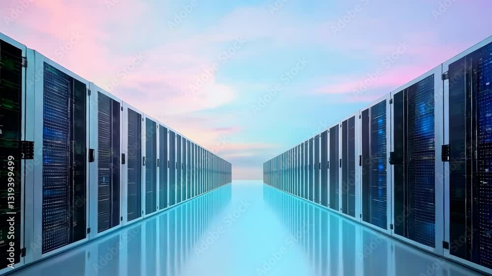 Futuristic Data Center Server Room with Glowing Servers and Vibrant Futuristic Data Center Server Room with Glowing Servers and Vibrant