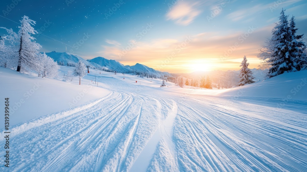This stunning winter landscape captures a beautiful sunset, with snow-covered slopes, evergreen trees, and a serene atmosphere inviting winter enthusiasts to adventure. This stunning winter landscape captures a beautiful sunset, with snow-covered slopes, evergreen trees, and a serene atmosphere inviting winter enthusiasts to adventure.