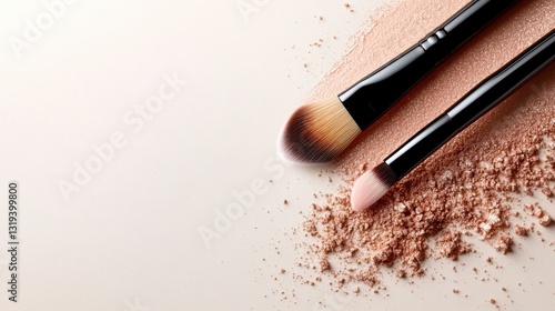 An artistic arrangement of makeup brushes alongside scattered loose powder, symbolizing creativity and the tools of beauty professionals in a minimalist setting.