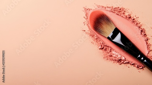 A striking image of a makeup brush surrounded by soft pink powder, capturing the essence of beauty and artistry in a clean and refined composition.
